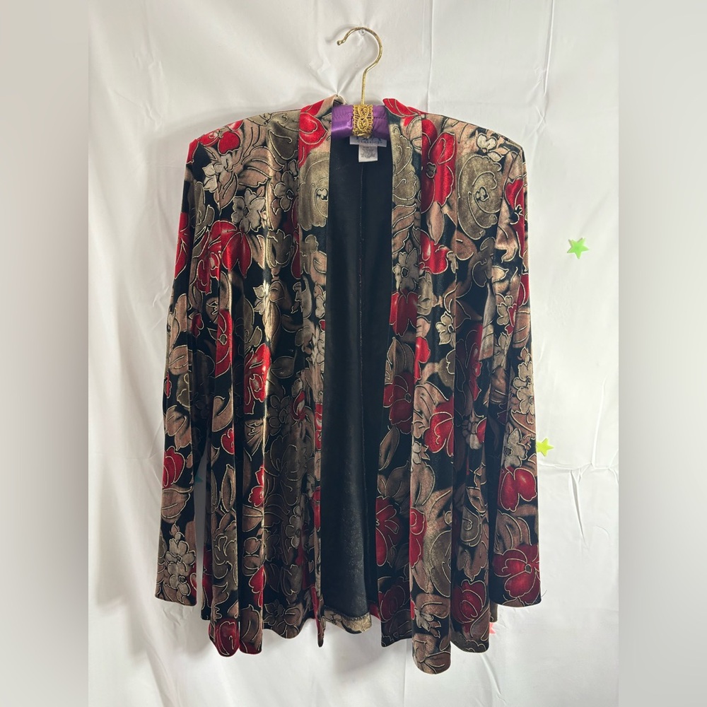 VTG Women's L Velvet Black and Gold Metallic with Vibrant Red Floral - Picture 3 of 13